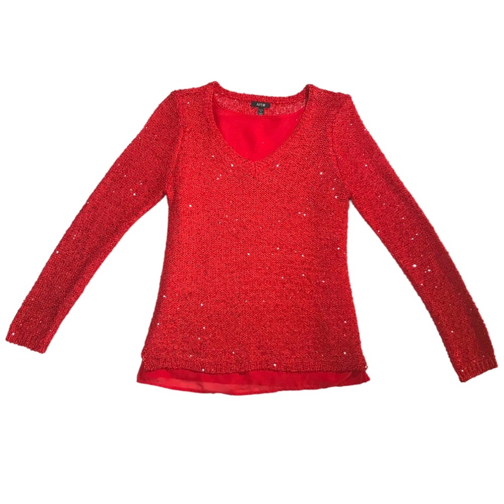 Woman’s Red Sequin V-Neck Christmas Holiday Sweater Petite Large